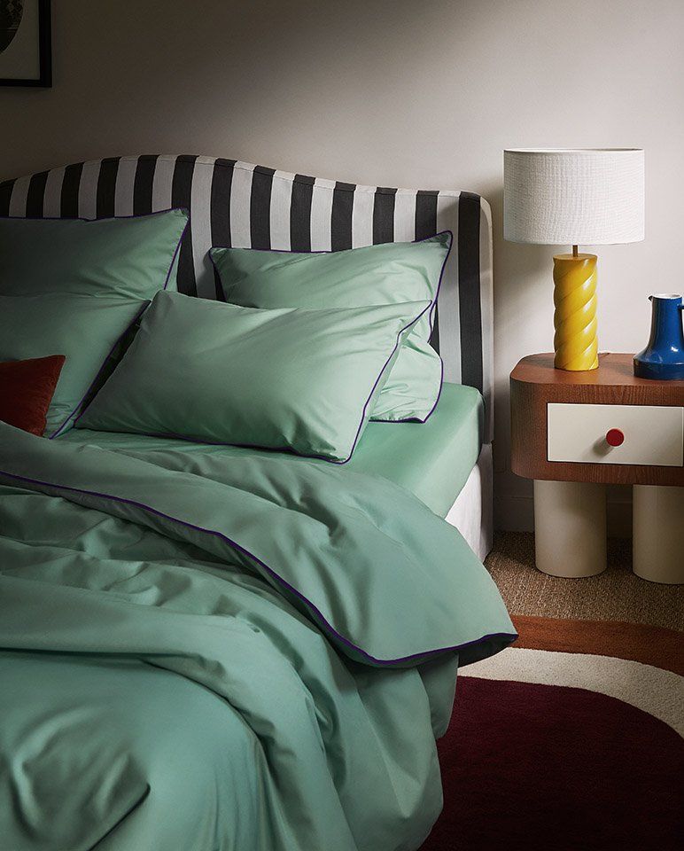 Percale Cotton Duvet Cover | Lichen Green Aubergine Purple Piping