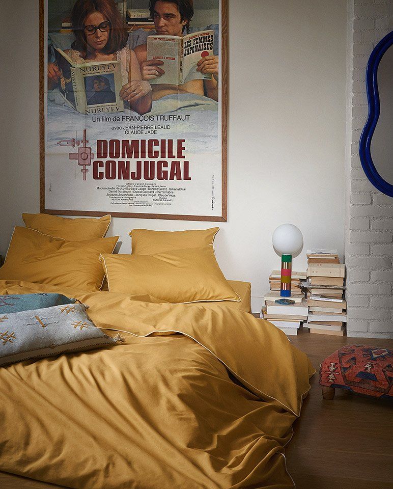 Housse de couette Percale de coton | Ocre Liseré Blanc