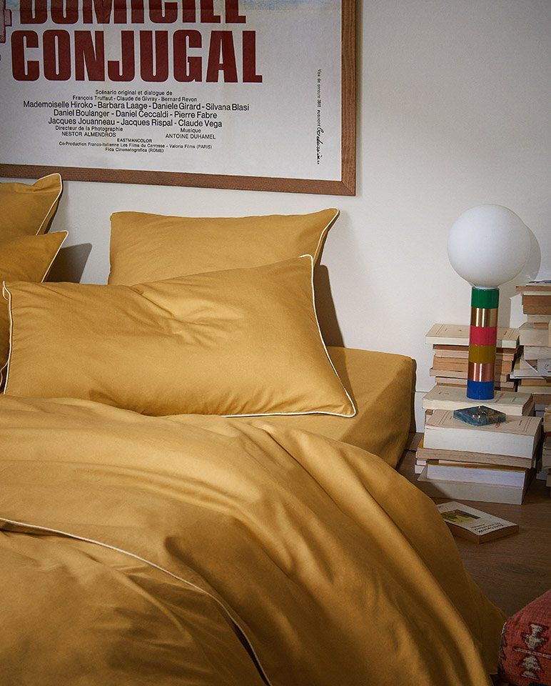 Percale Cotton Duvet Cover | Ochre with White Piping