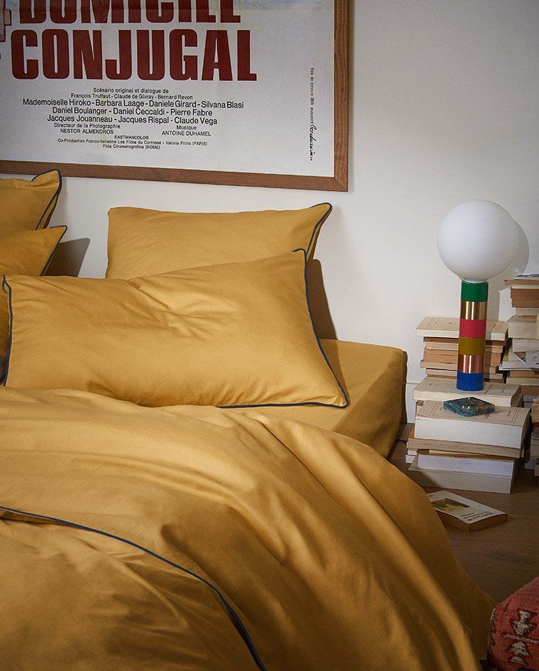Housse de couette Percale de coton | Ocre Liseré Bleu Marine