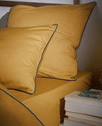 Housse de couette Percale de coton | Ocre Liseré Bleu Marine