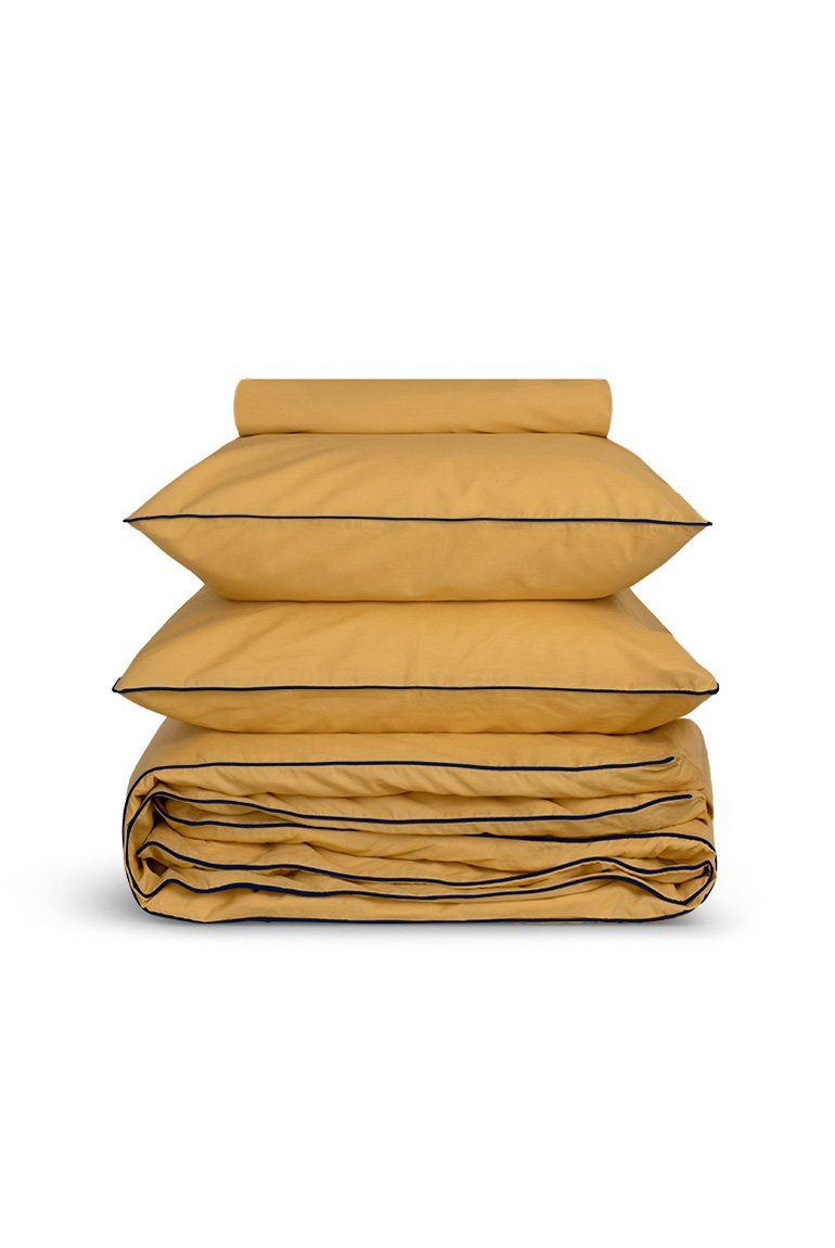 Housse de couette Percale de coton | Ocre Liseré Bleu Marine