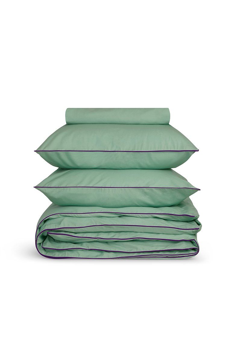 Percale Cotton Duvet Cover | Lichen Green Aubergine Purple Piping