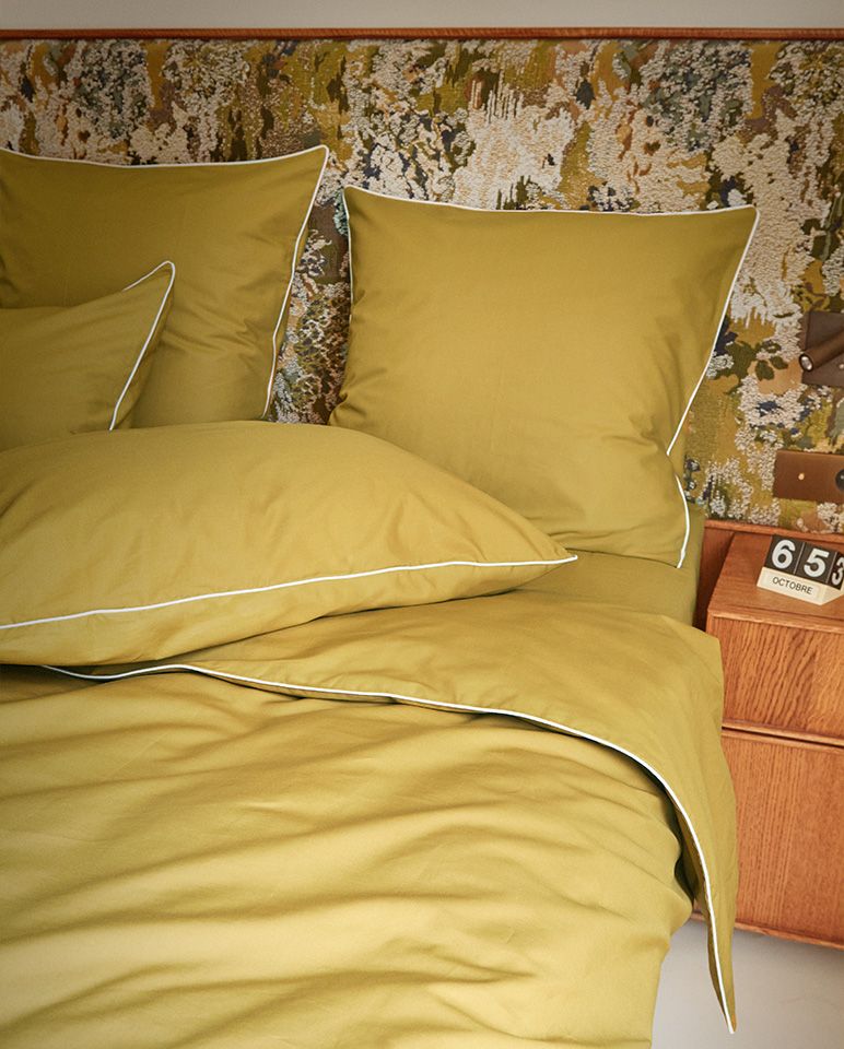 Percale Cotton Duvet Cover | Bronze Green with White Piping