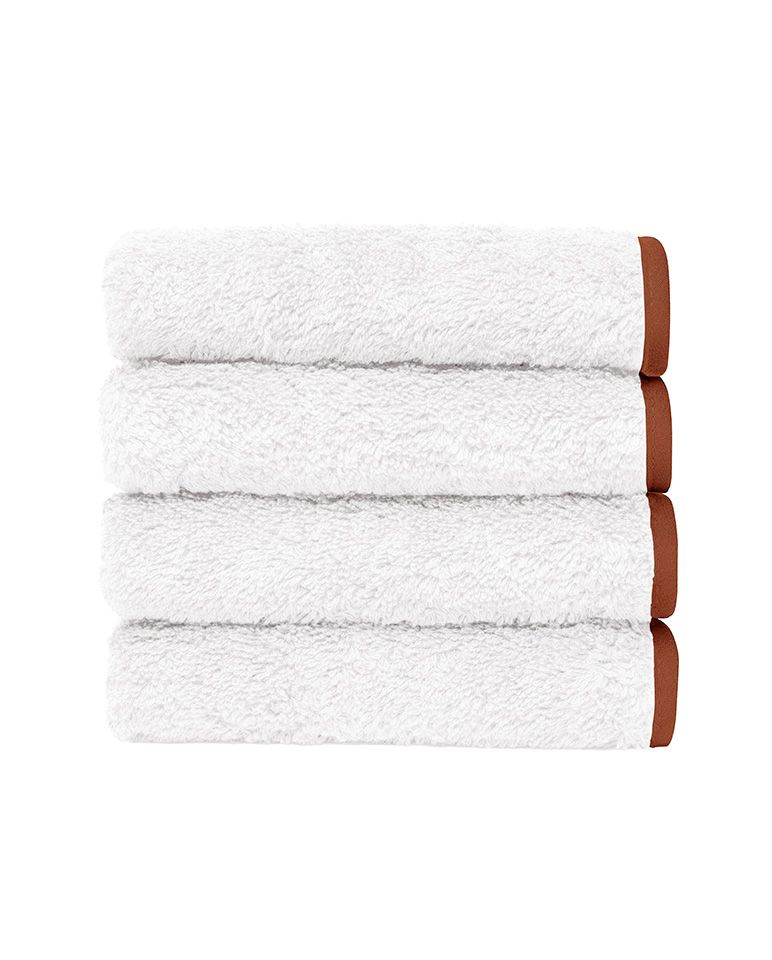 Set of 4 Face Cloths | White with Auburn Brown Trim