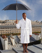 Bathrobe with Piped Finish | White with Black Piping