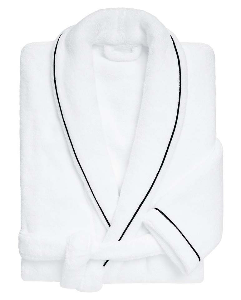Bathrobe with Piped Finish | White with Black Piping