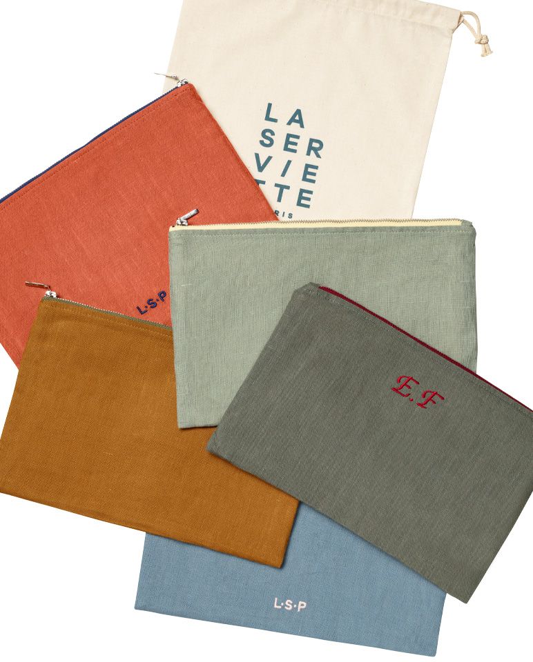 Pochette en lin | Bleu Horizon / Rose
