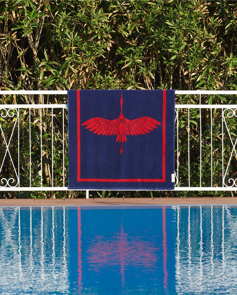 Serviette de plage Héron 90x170 | Bleu Abysses / Rouge Athéna