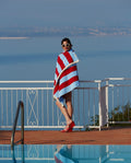 Serviette de plage Rayure Frange Parasol 100x180 | Bleu Hélios / Rouge Athéna