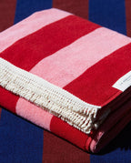 Serviette de plage Rayure Frange Parasol 100x180 | Rouge Athéna / Rose Vénus