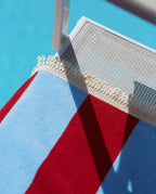 Serviette de plage Rayure Frange Parasol 100x180 | Bleu Hélios / Rouge Athéna