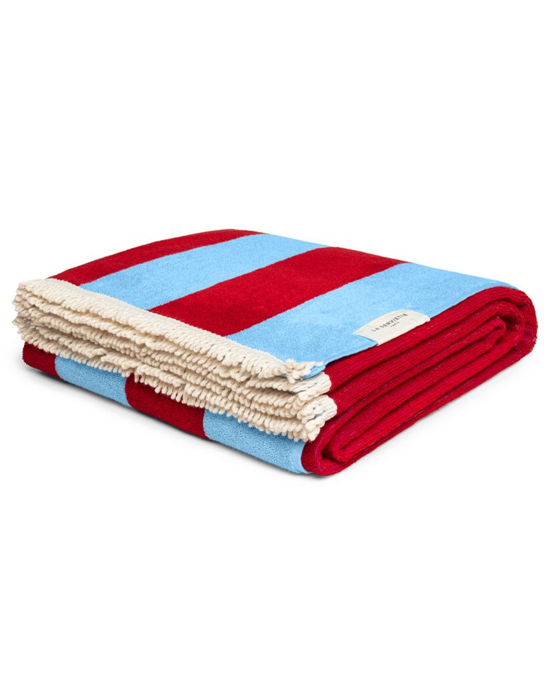 Serviette de plage Rayure Frange Parasol 100x180 | Bleu Hélios / Rouge Athéna