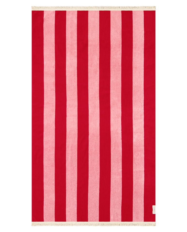 Serviette de plage Rayure Frange Parasol 100x180 | Rouge Athéna / Rose Vénus
