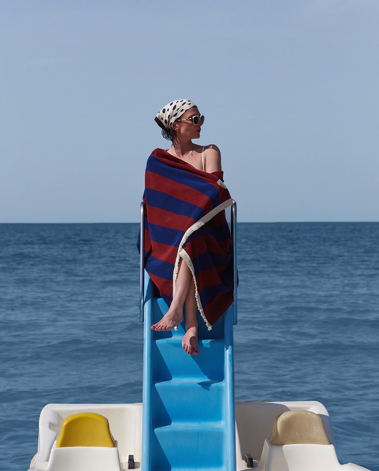 Serviette de plage Rayure Frange Parasol 100x180 | Burgundy / Bleu Abysses