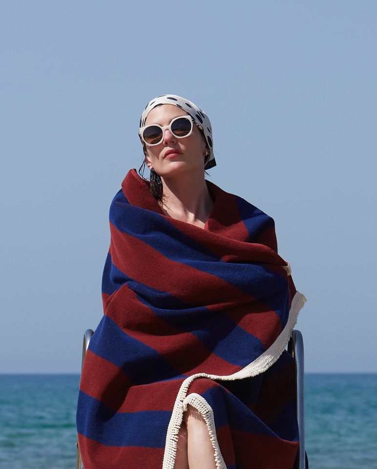 Serviette de plage Rayure Frange Parasol 100x180 | Burgundy / Bleu Abysses