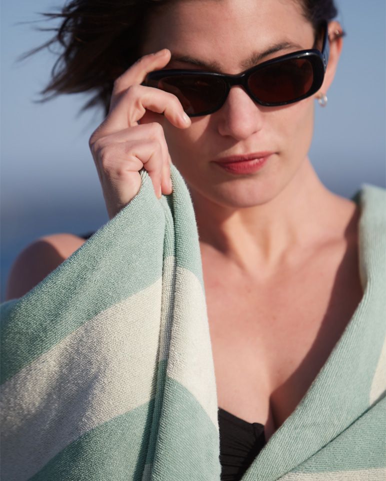 Riviera Stripe Beach Towel 90x170 | Sage Green / Cream