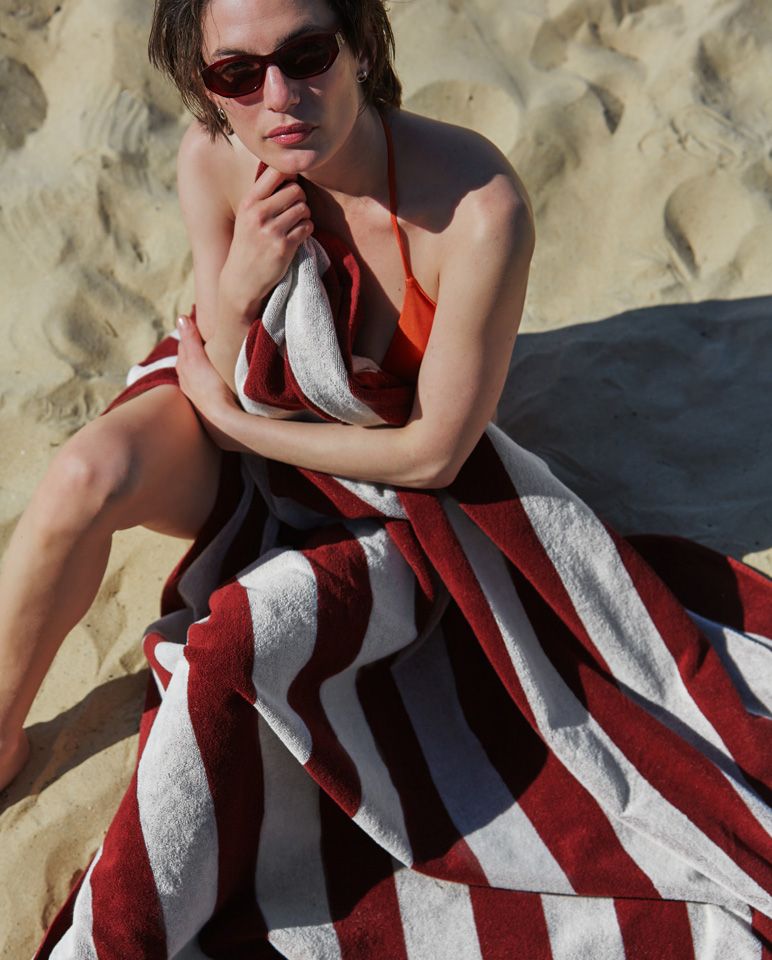Serviette de plage Rayures Riviera XXL | Rouge Grenat / Crème
