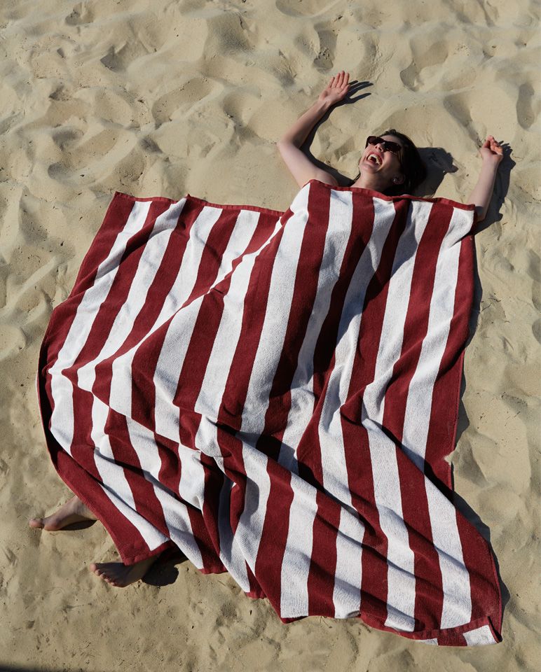 Serviette de plage Rayures Riviera XXL | Rouge Grenat / Crème