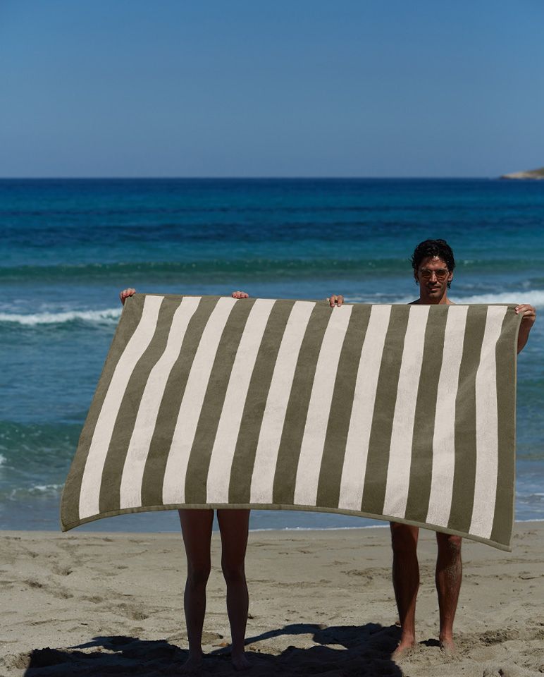 Riviera Stripes Oversized Beach Towel | Olive Green / Cream