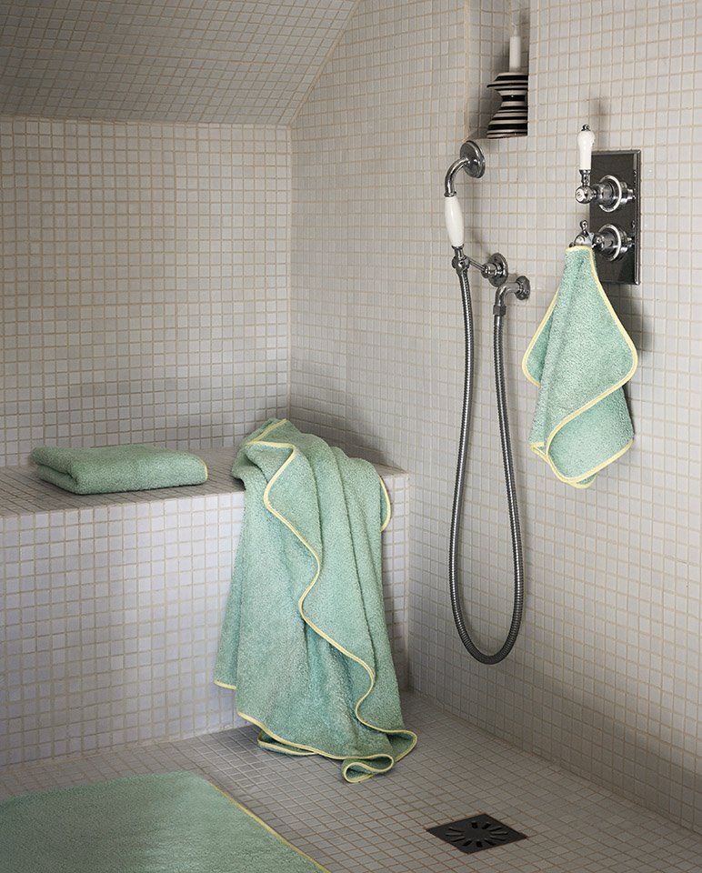 Pair of hand or face towels | Opal Green with Persian Yellow trim