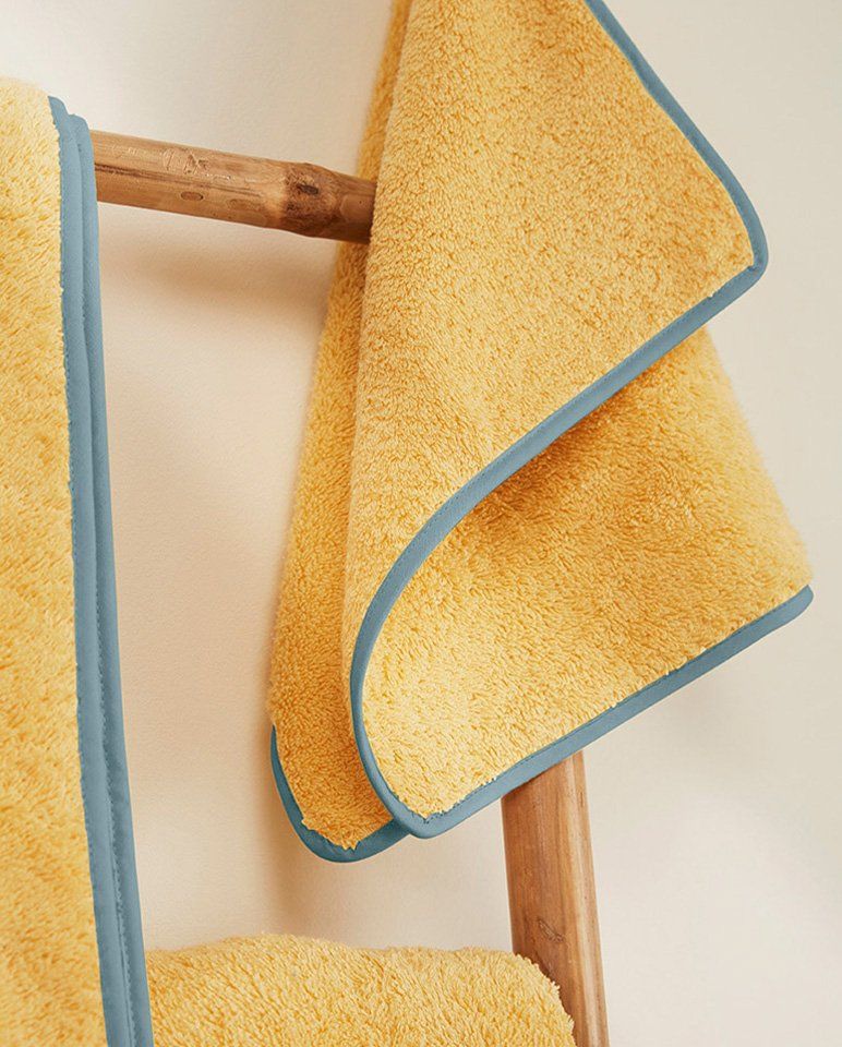 Paire de serviettes mains ou visage | Jaune Blé Liseré Bleu Nattier