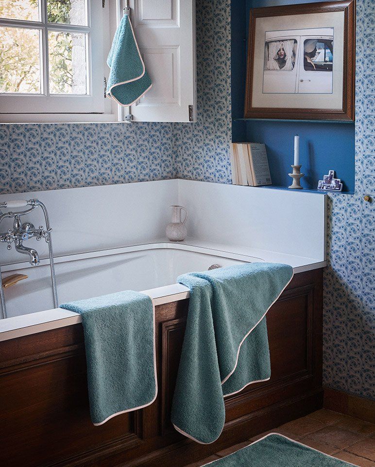 Paire de serviettes mains ou visage | Bleu Chardin Liseré Rose Nymphe