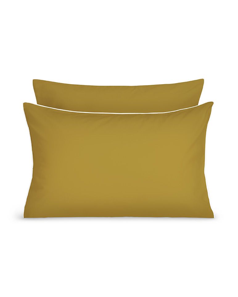 Pair of Cotton Percale Pillowcases | Bronze Green with White Piping