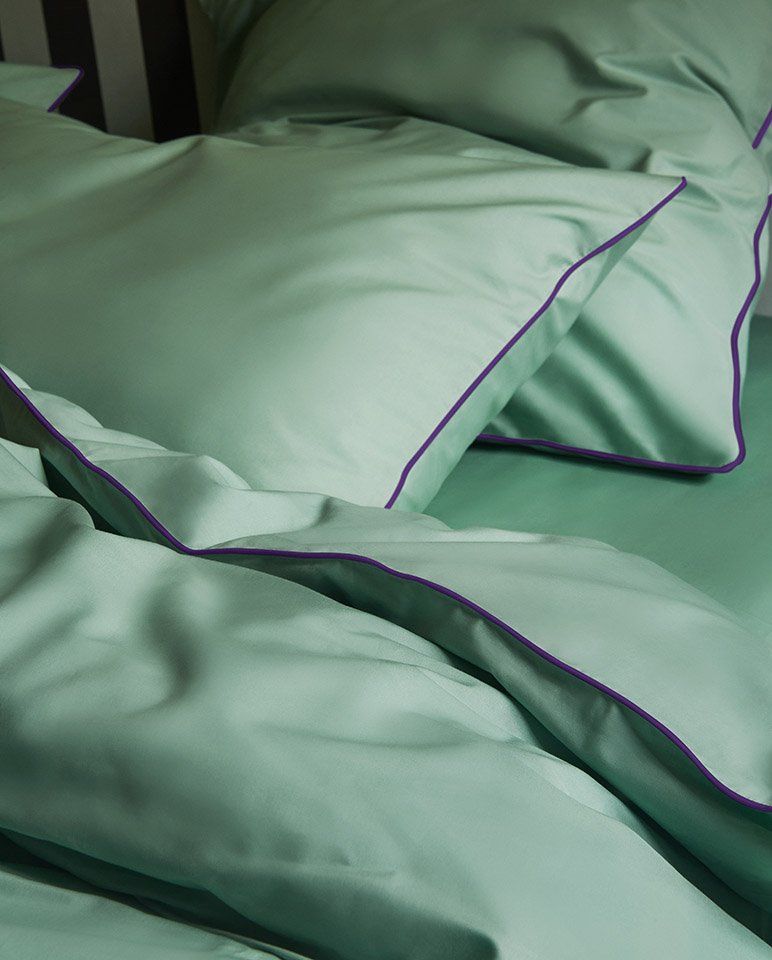 Pair of Percale Cotton Pillowcases | Lichen Green Aubergine Purple Piping