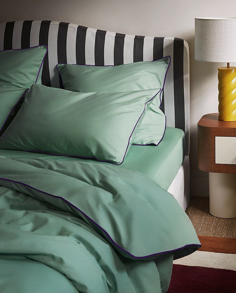 Pair of Percale Cotton Pillowcases | Lichen Green Aubergine Purple Piping