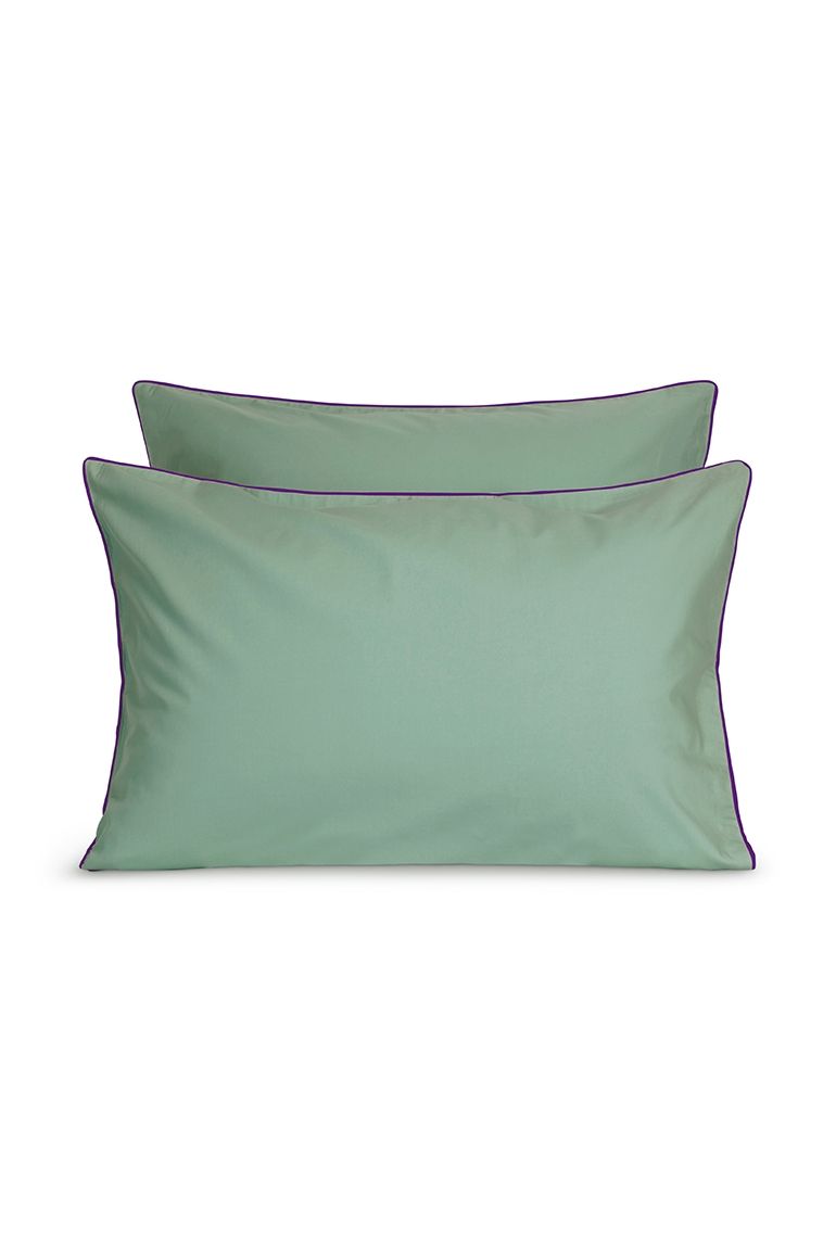 Pair of Percale Cotton Pillowcases | Lichen Green Aubergine Purple Piping