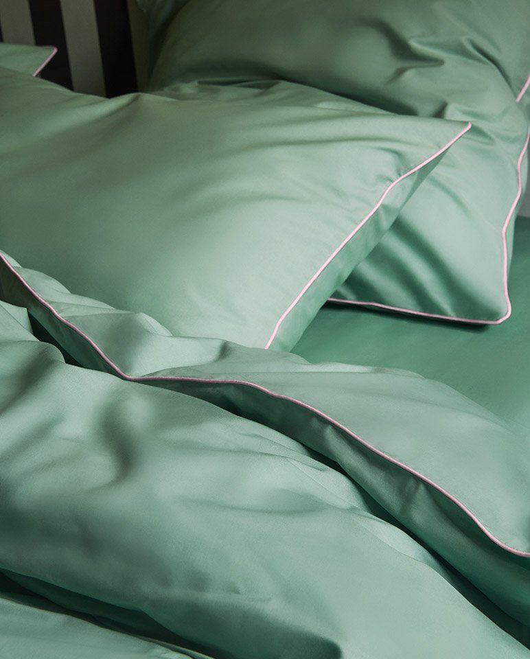 Pair of Cotton Percale Pillowcases | Lichen Green with Nymph Pink Piping
