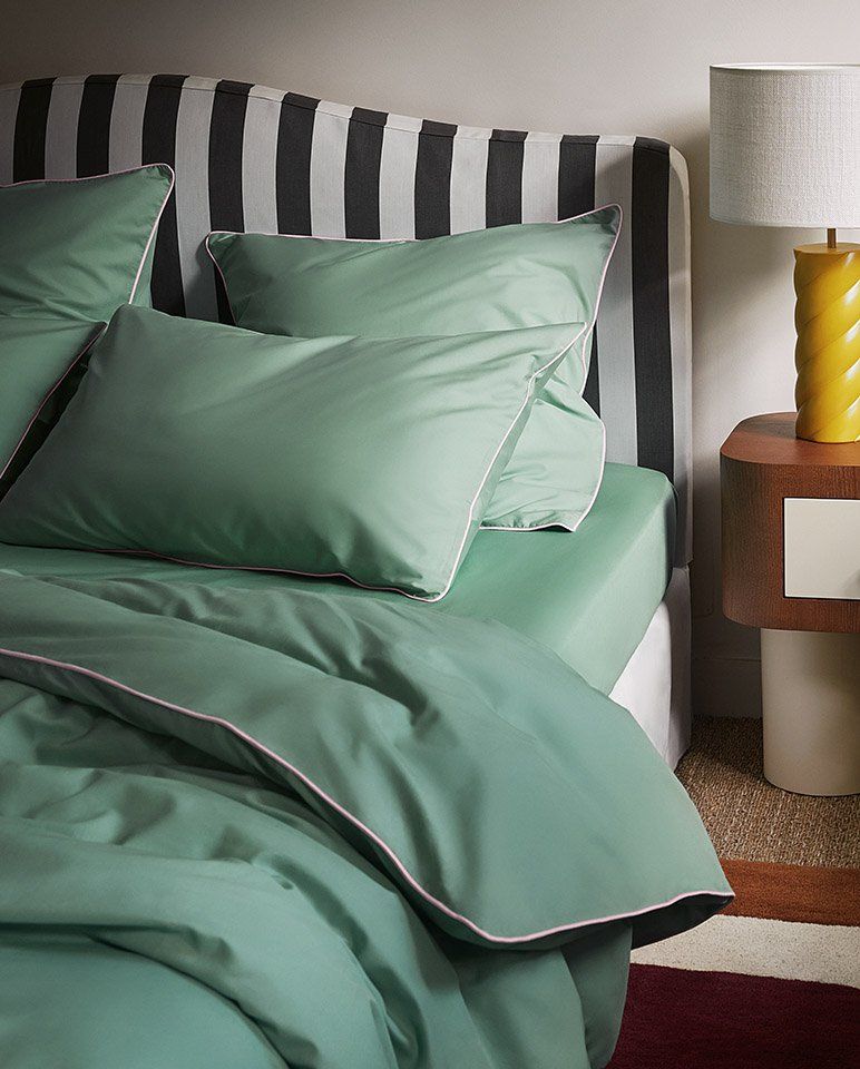 Paire de taies d'oreiller Percale de coton | Vert Lichen Liseré Rose Nymphe