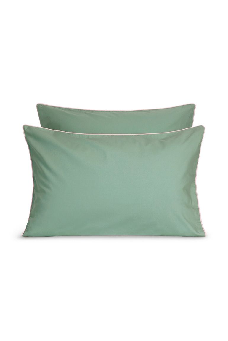 Pair of Cotton Percale Pillowcases | Lichen Green with Nymph Pink Piping