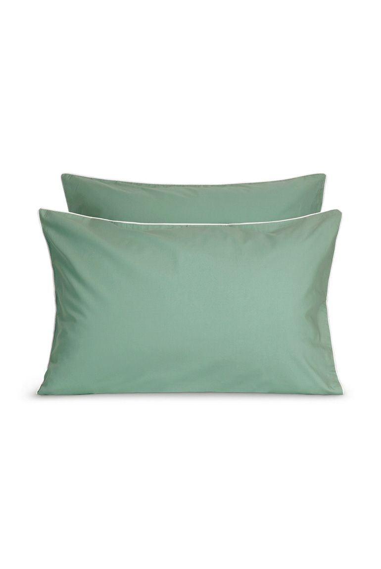 Paire de taies d'oreiller Percale de coton | Vert Lichen Liseré Blanc