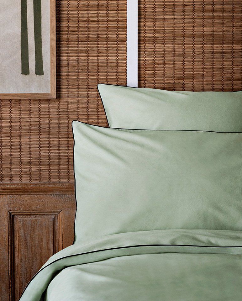 Paire de taies d'oreiller Percale de coton | Vert Amande Liseré Noir