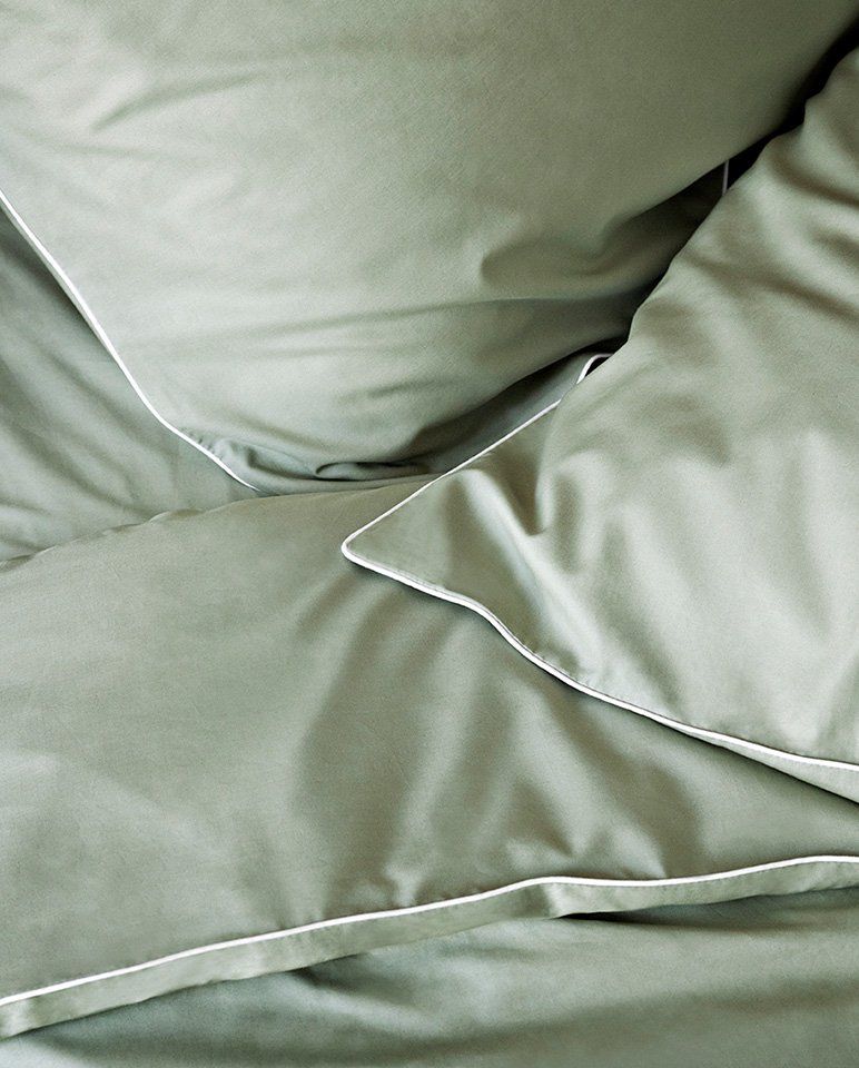 Pair of Cotton Percale Pillowcases | Almond Green White Piping