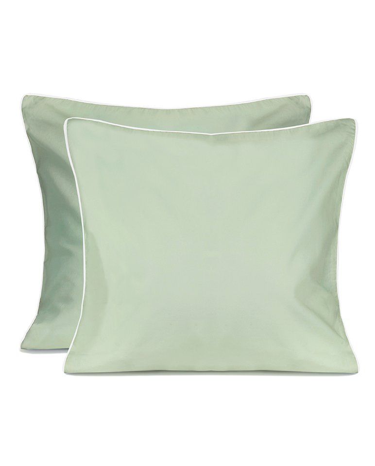 Pair of Cotton Percale Pillowcases | Almond Green White Piping