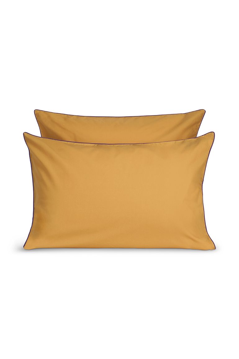 Paire de taies d'oreiller Percale de coton | Ocre Liseré Violet Aubergine