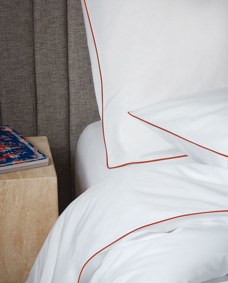 Pair of Cotton Percale Pillowcases | White with Brick Red Trim