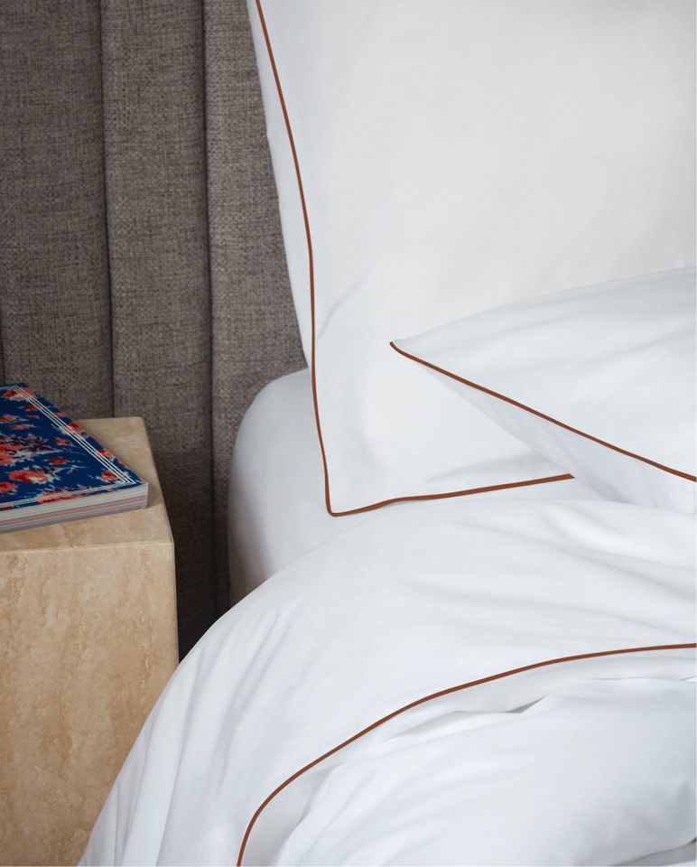 Paire de taies d'oreiller Percale de coton | Blanc Liseré Brun Auburn