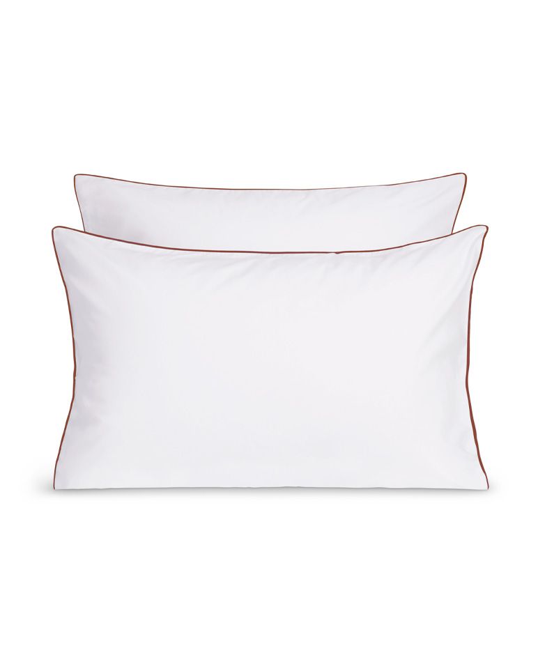 Paire de taies d'oreiller Percale de coton | Blanc Liseré Brun Auburn