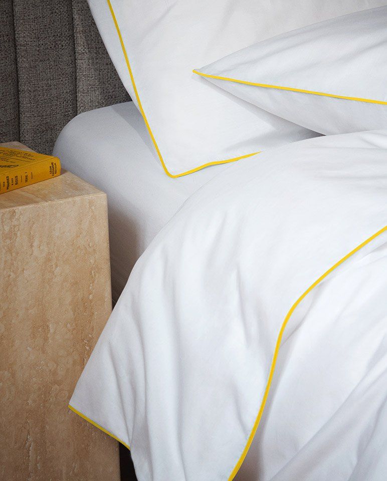 Percale Cotton Pillowcase Pair | White Mimosa Yellow Border