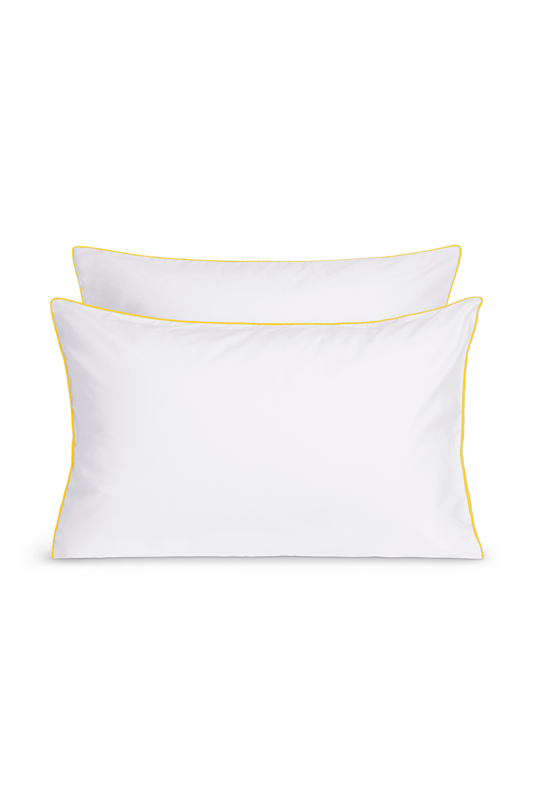 Percale Cotton Pillowcase Pair | White Mimosa Yellow Border