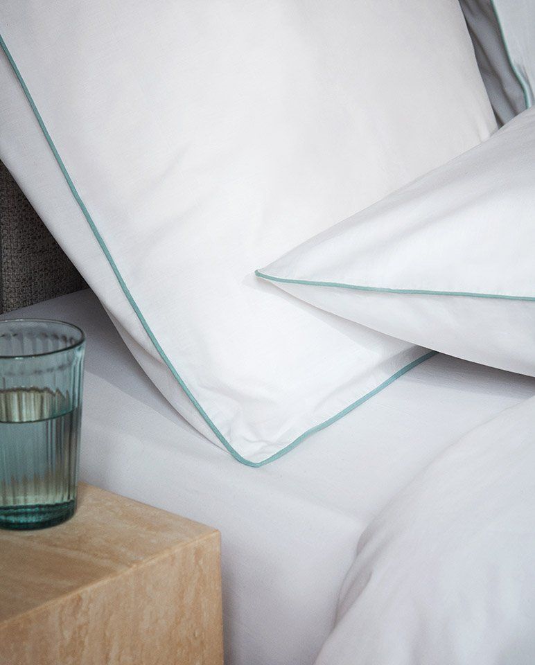 Paire de taies d'oreiller Percale de coton | Blanc Liseré Bleu Givré