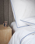Percale Cotton Pillowcase Pair | White with Cobalt Blue Hem-Stitch