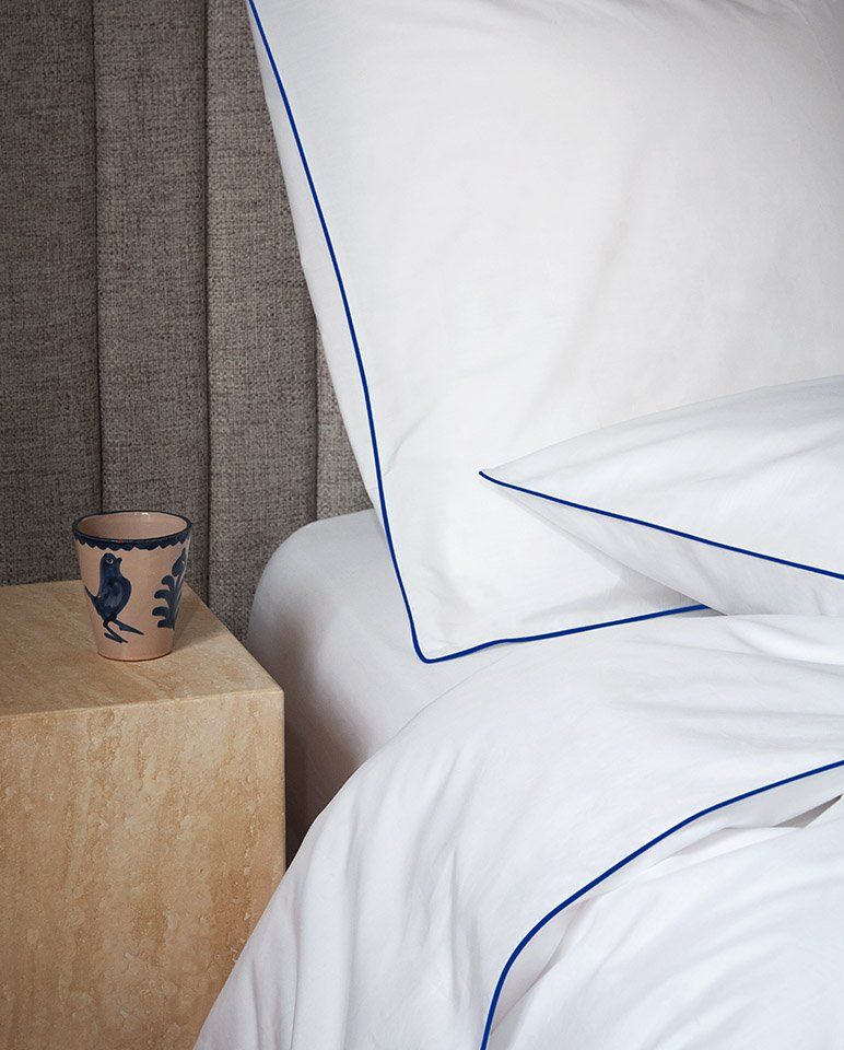 Paire de taies d'oreiller Percale de coton | Blanc Liseré Bleu Cobalt