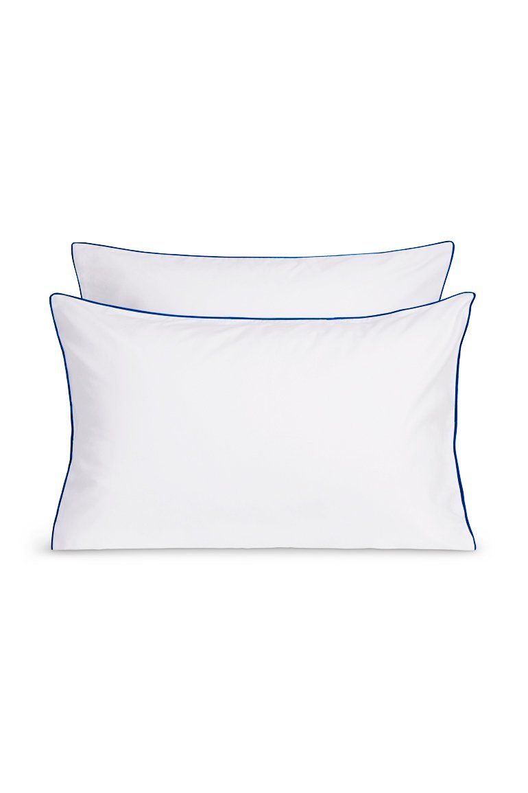 Paire de taies d'oreiller Percale de coton | Blanc Liseré Bleu Cobalt