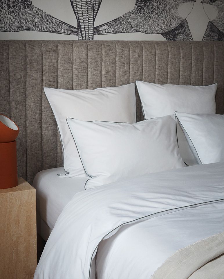 Percale Cotton Pillowcase Pair | White Storm Grey Border