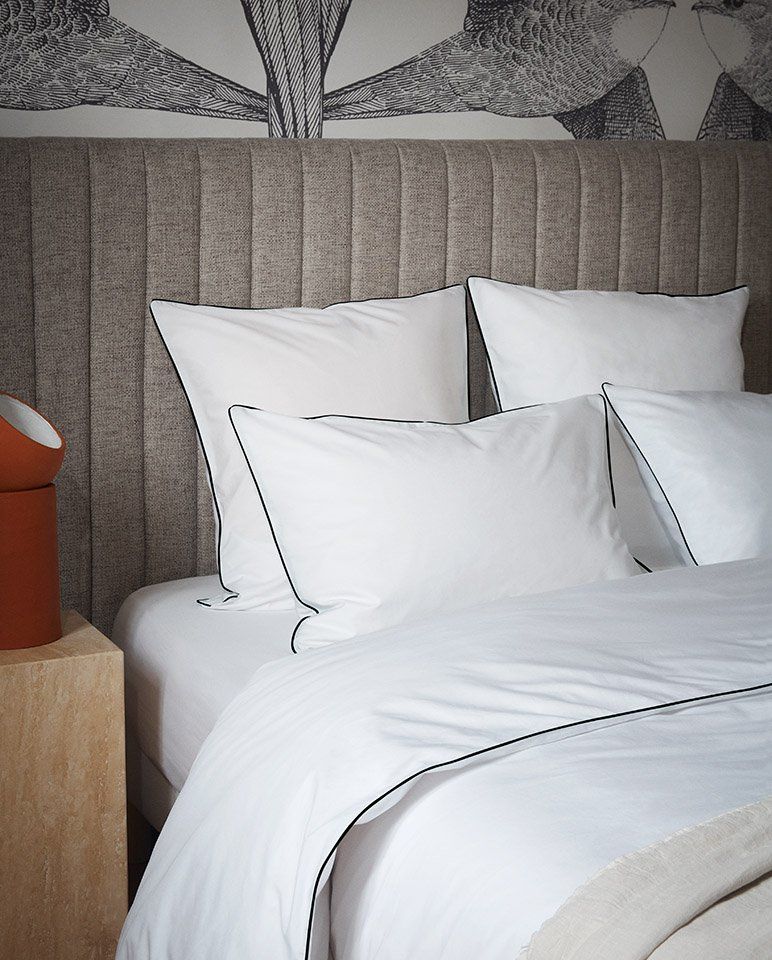 Paire de taies d'oreiller Percale de coton | Blanc Liseré Noir